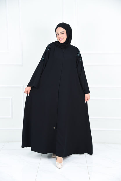 عباية كلوش كريب بتطريز تركواز على الاكتاف