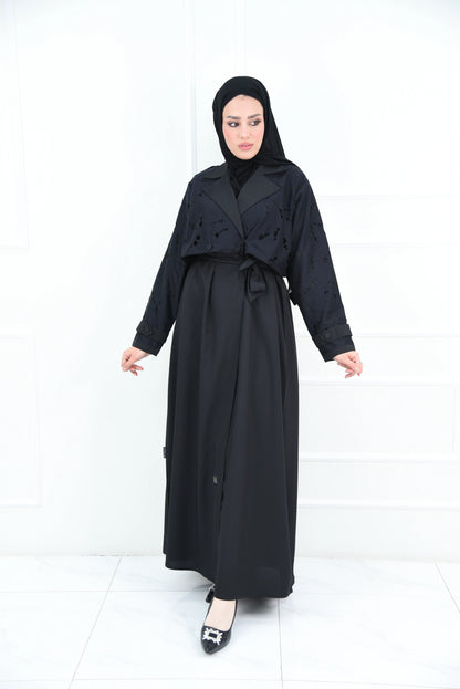 عباية بليزر سوداء كروازية بحزام